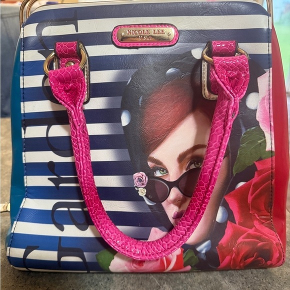 Nicole Lee Handbags - Nicole Lee Multicolor Striped Satchel with Pink Handles